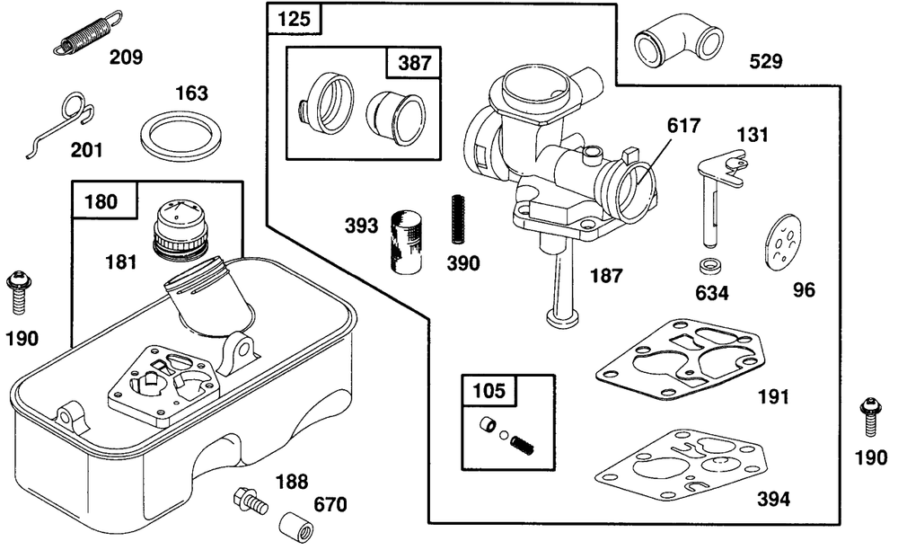 Carburetor Assembly Fuel Tank Diagram and Parts List for 93902-3612-01  Briggs and Stratton Engine